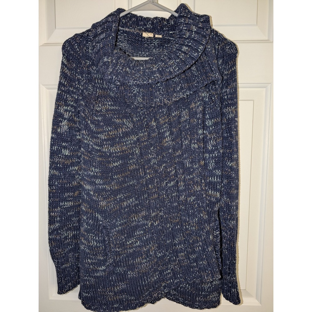Anthropologie Yellow Bird Navy Marled Chunky Knit Cowl Neck Cardigan Convertible